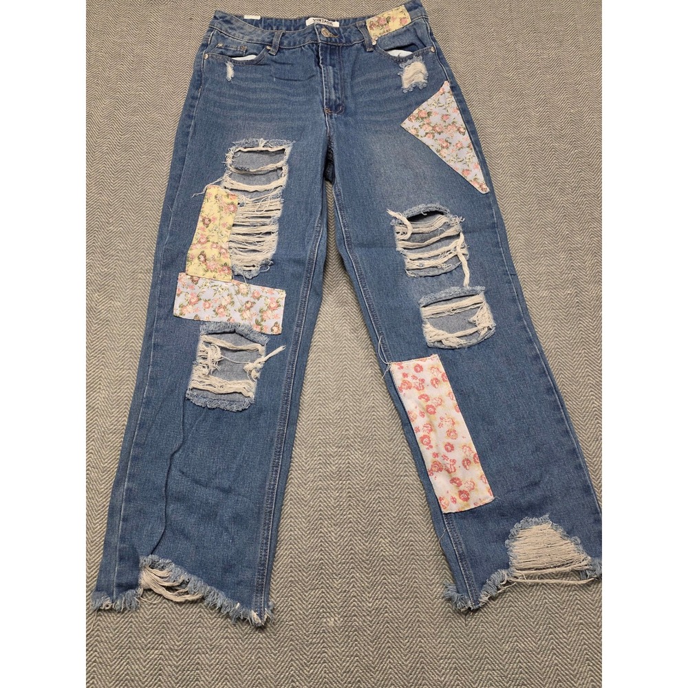 Almost Famous Distressed Floral Patchwork Wide Leg Jeans Blue ROPD8X-00M Size 11